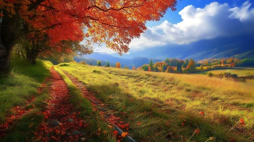 Scenic Autumn Path Through Golden Meadow