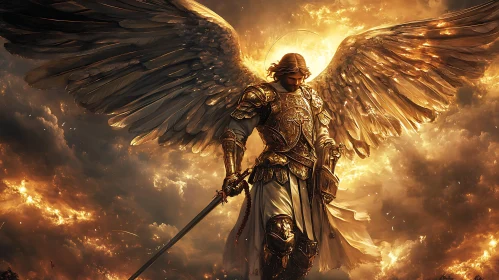 Winged Guardian with Sword in Fiery Sky