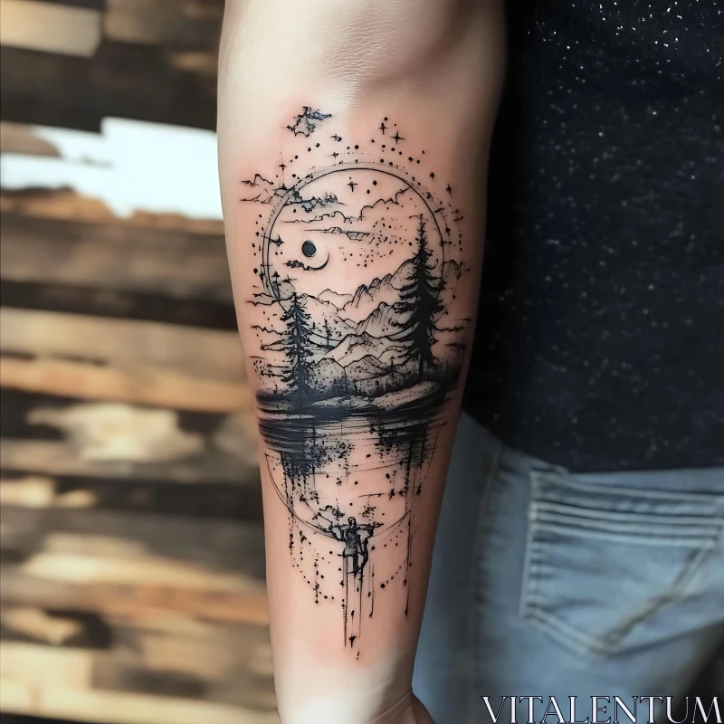 Forearm Nature Scene Tattoo with Mountains and Trees AI Image