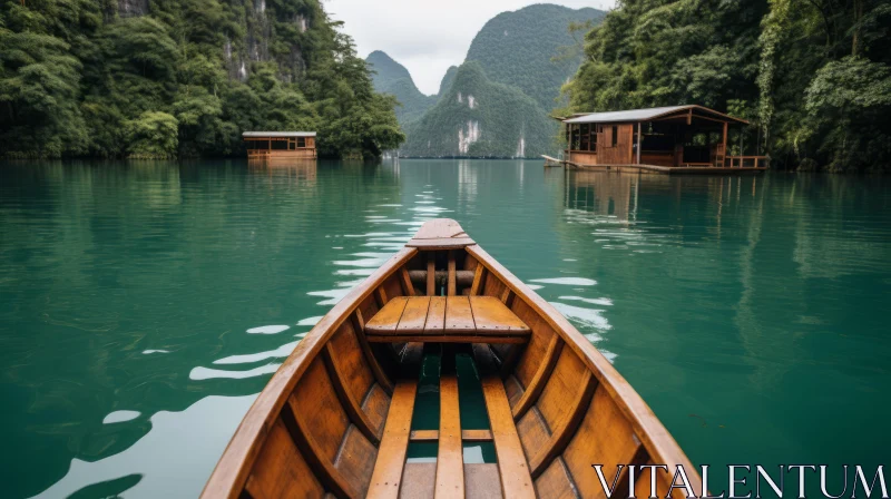 Captivating Nature Art: A Serene Wooden Boat Amidst Majestic Mountains AI Image