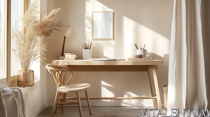 AI ART Sunlit Workspace with Wooden Furniture