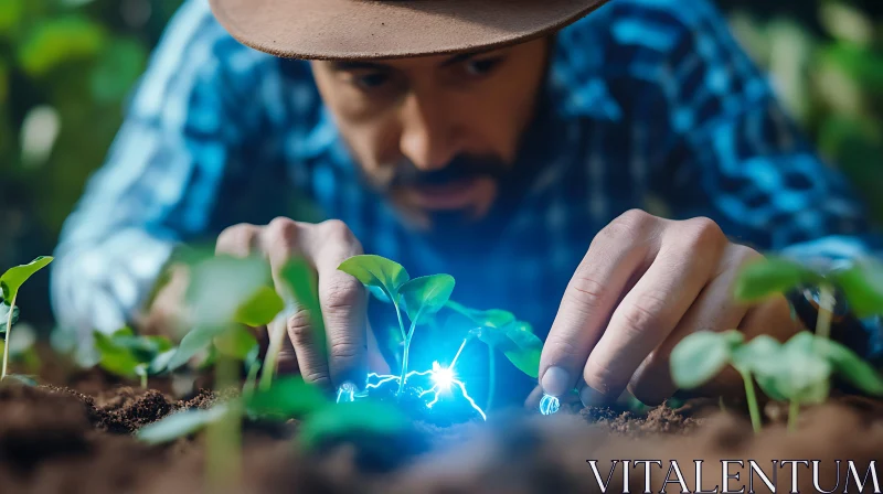 Farmer Cultivating Seedling with Energy AI Image