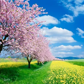 Blooming Cherry Trees and Yellow Flowers