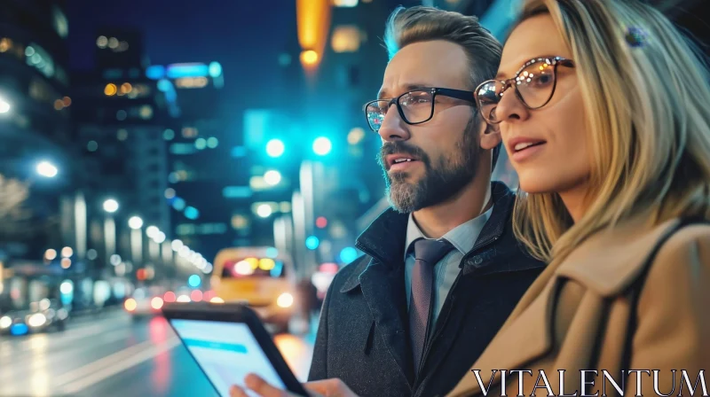 Enchanting Night Scene: Couple Lost in Technological Wonder on City Street AI Image