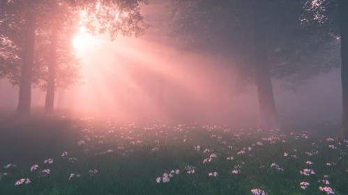 Gentle Sun Rays in Misty Woodland