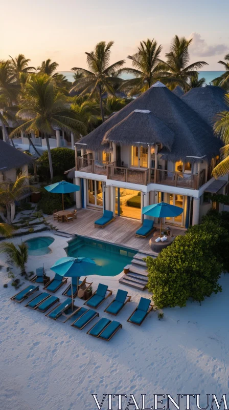 Luxurious Beach Bungalow at Sunset | Dark Turquoise and Light Beige AI Image