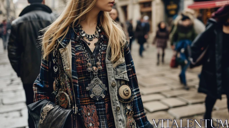 Stylish Young Woman in Plaid Shirt and Denim Vest | Street Scene AI Image