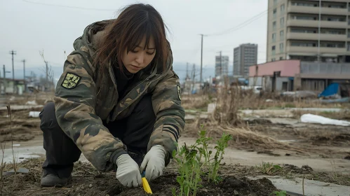 Woman Planting in Post-Disaster Landscape