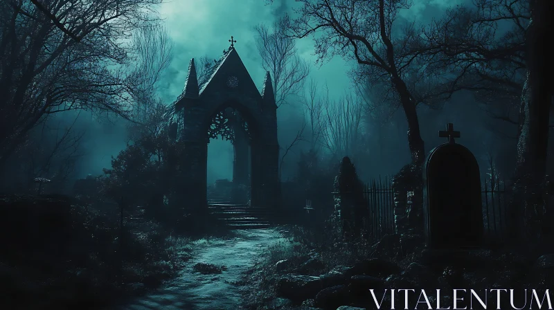 Foggy Graveyard with Gothic Archway AI Image