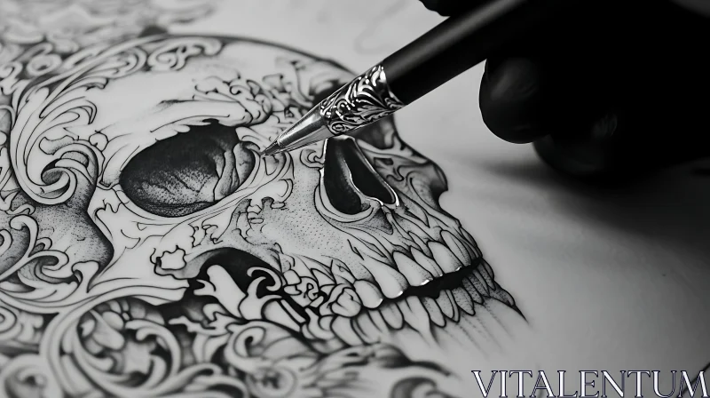 Elaborate Skull Design with Pen Art AI Image