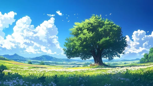 Peaceful Tree in a Flower Meadow