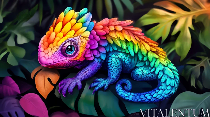 AI ART Colorful Scaled Reptile Among Tropical Leaves
