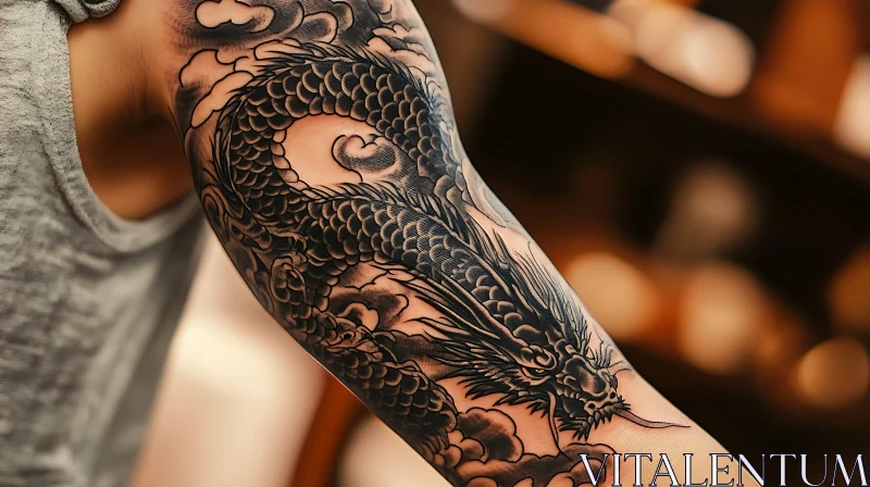 Intricate Black Ink Dragon Tattoo AI Image