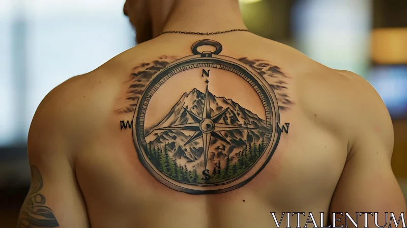 Back Tattoo Featuring Compass and Mountain Scene AI Image