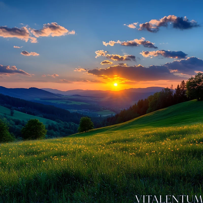 AI ART Sunset Landscape with Meadow and Mountains