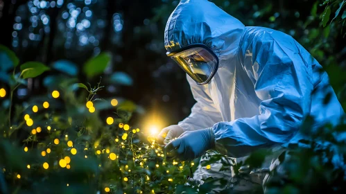 Person Studying Fireflies at Night