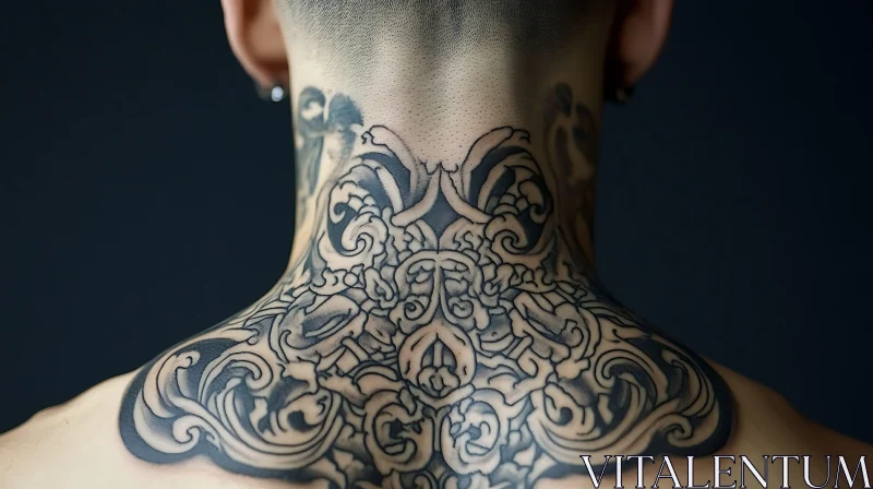 Elaborate Black Ink Tattoo on Neck AI Image