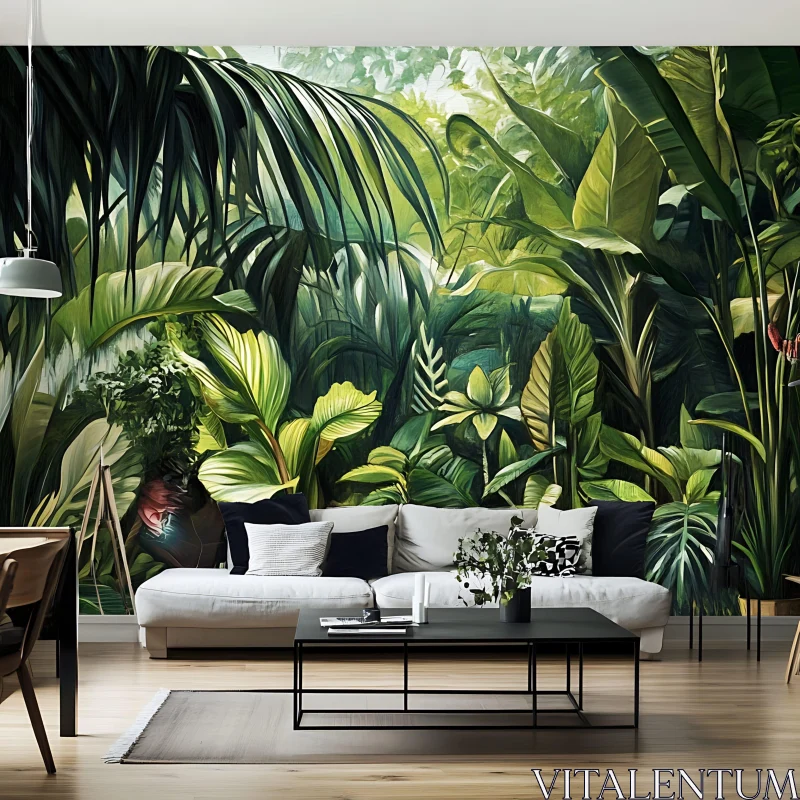 AI ART Green Interior with Botanical Wall Design