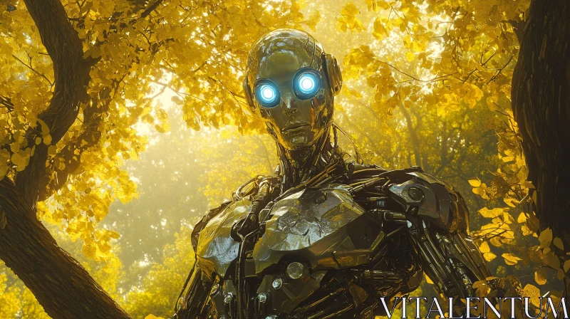 Futuristic Robot in Golden Forest AI Image