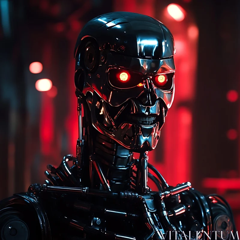 Futuristic Cybernetic Robot with Glowing Red Eyes AI Image