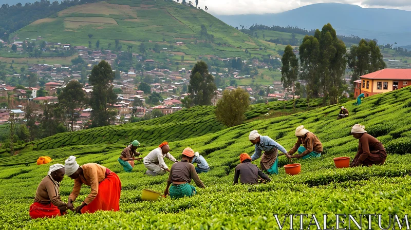 Green Tea Field with Workers AI Image