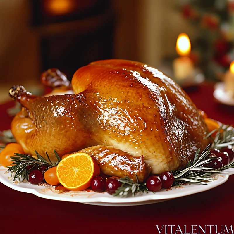 Golden Thanksgiving Turkey with Fruit Garnish AI Image