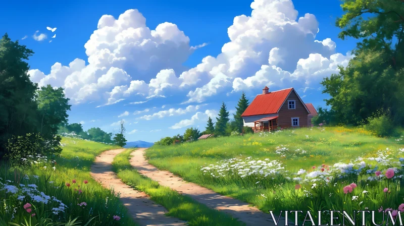 Idyllic Countryside Scene with House AI Image