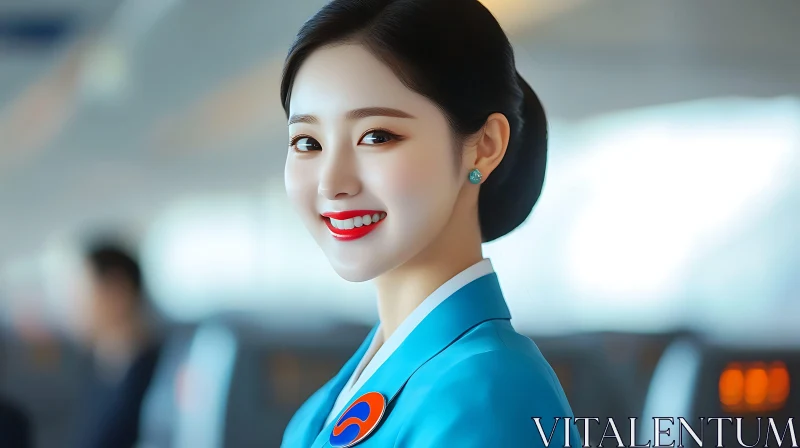 Smiling Woman in Flight Attendant Uniform AI Image