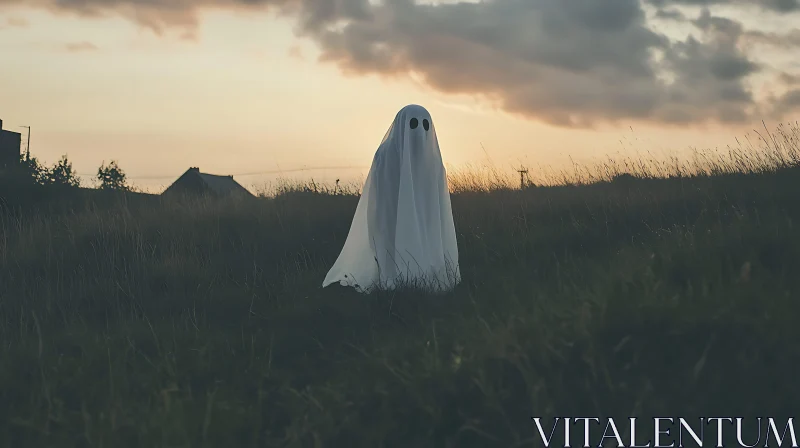 Ghostly Figure in Grassy Field at Dusk AI Image