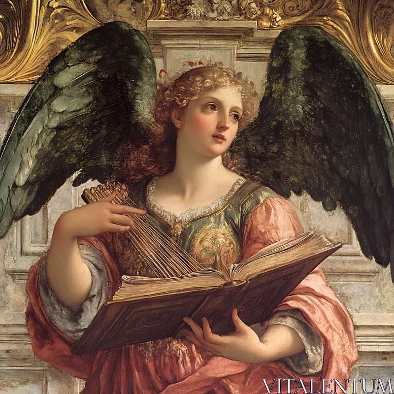 Angel Playing Lyre and Reading Book AI Image