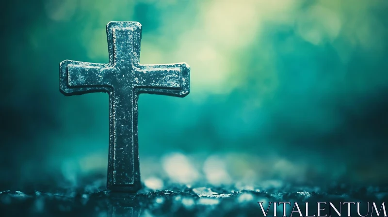 Rustic Cross on Teal - A Spiritual Symbol AI Image