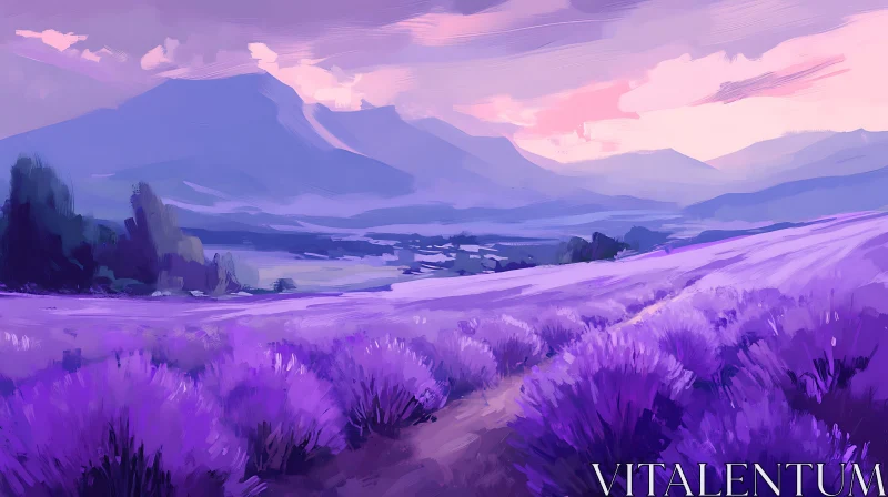 AI ART Purple Lavender Field Mountain Landscape