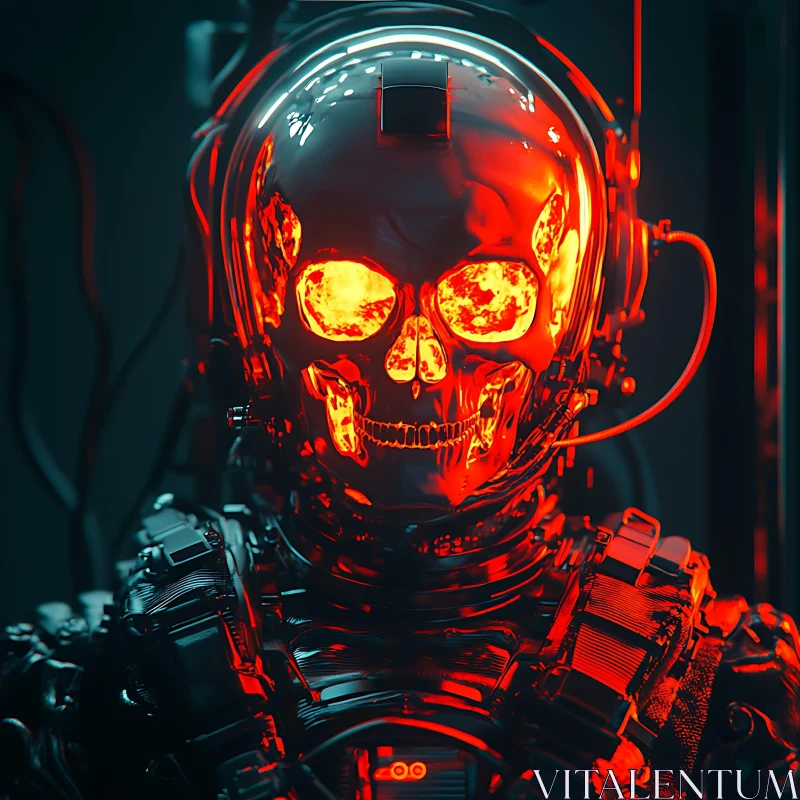 Cyborg with Glowing Skull in Detailed Metallic Exoskeleton AI Image