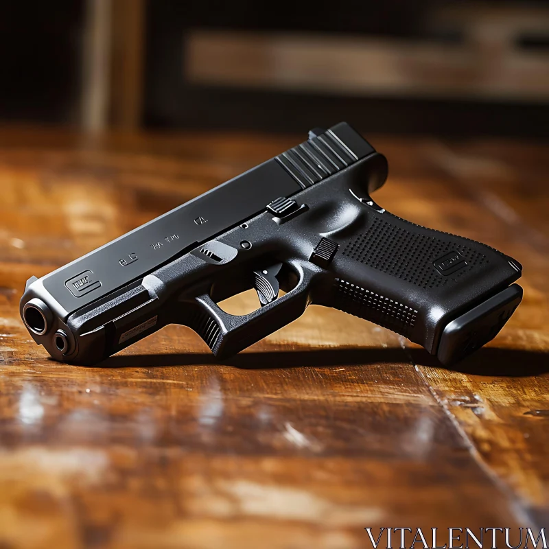 Matte Black Handgun on Wooden Table AI Image