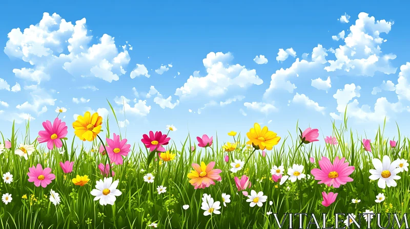 AI ART Colorful Meadow with Flowers and Clouds