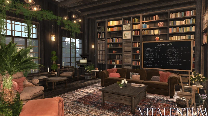 Cozy Room with Bookshelf and Greenery AI Image