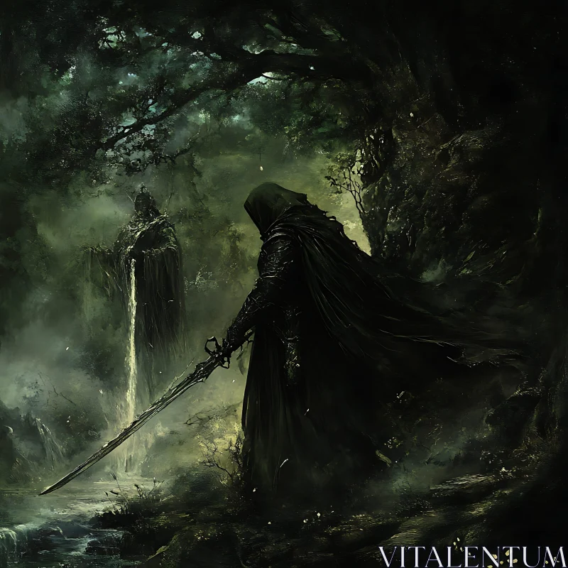 AI ART Mysterious Warrior with Sword in Forest