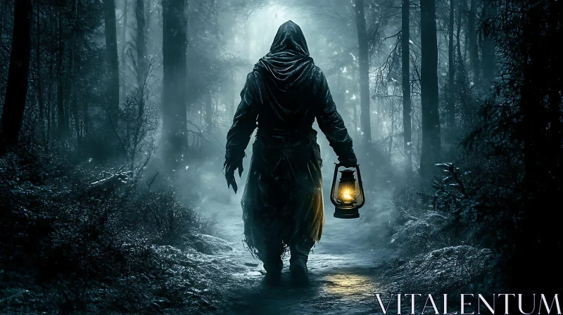 Hooded Figure in Misty Woods AI Image