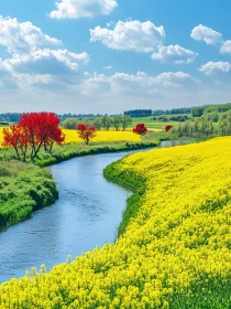 Vibrant Field with River and Red Trees