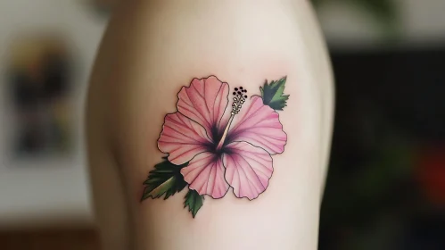 Realistic Pink Hibiscus Tattoo with Green Leaves