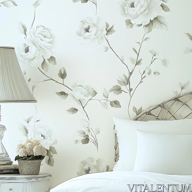 Serene Bedroom with Floral Wallpaper AI Image