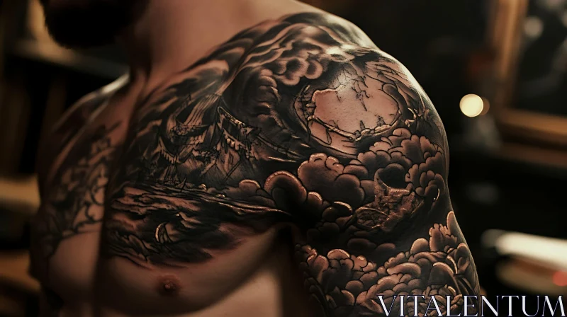 Dramatic Tattoo Art on Shoulder and Chest AI Image