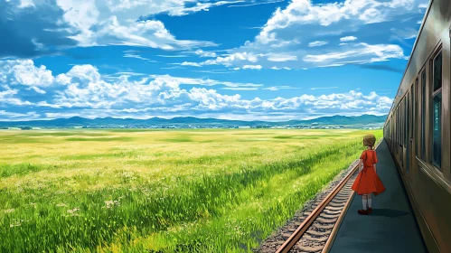 Girl Watching Train on Summer Day