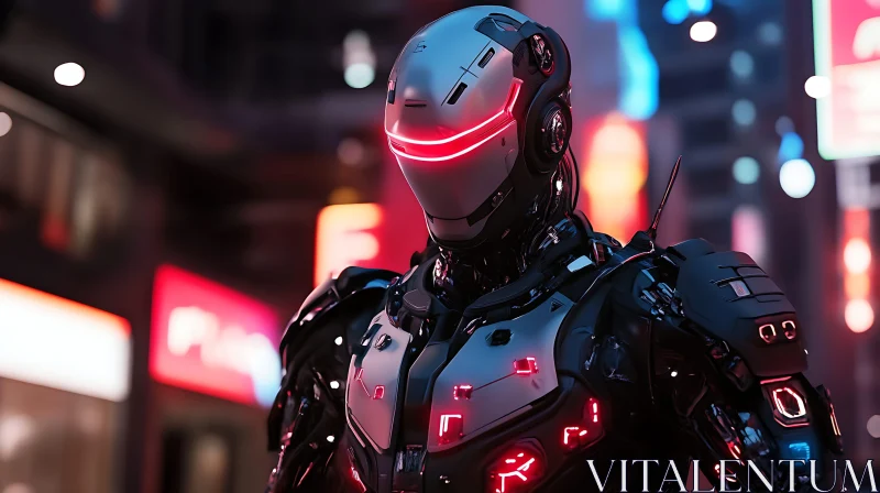 High-Tech Cyborg Amidst Neon City Lights AI Image