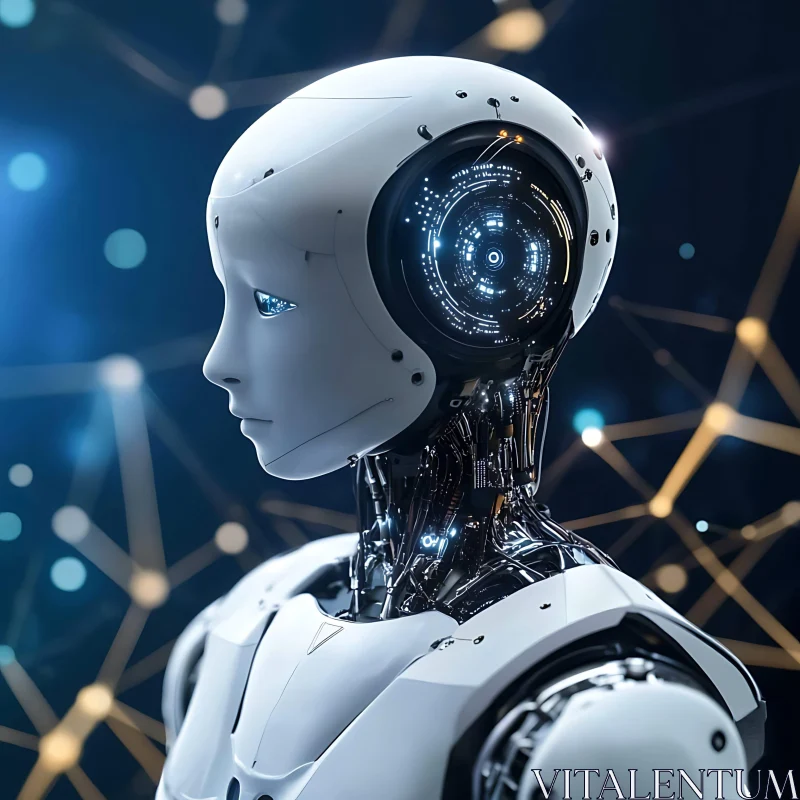 Sleek White Humanoid Robot with Neural Network Background AI Image