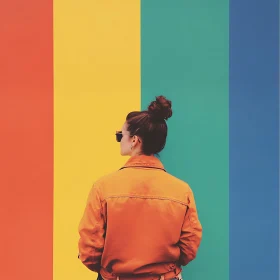 Woman in Orange Jacket with Rainbow Wall