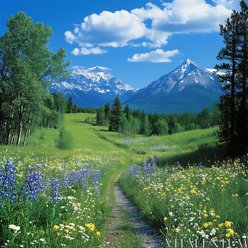 Wildflower Meadow Path to Mountains AI Image