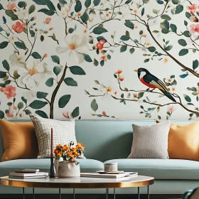 Floral Wallpaper and Bird Art Decor