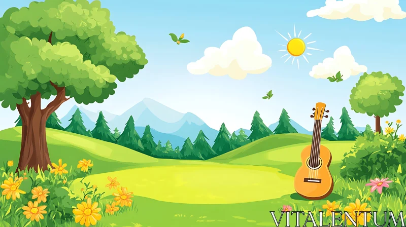 Serene Cartoon Scene with Guitar AI Image