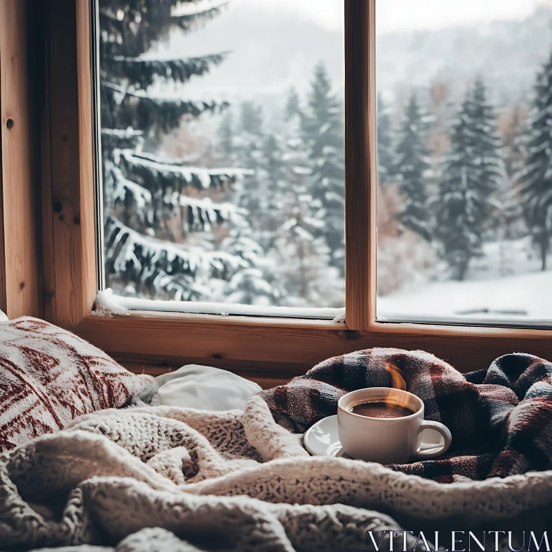 Cozy Winter Window Coffee Moment AI Image